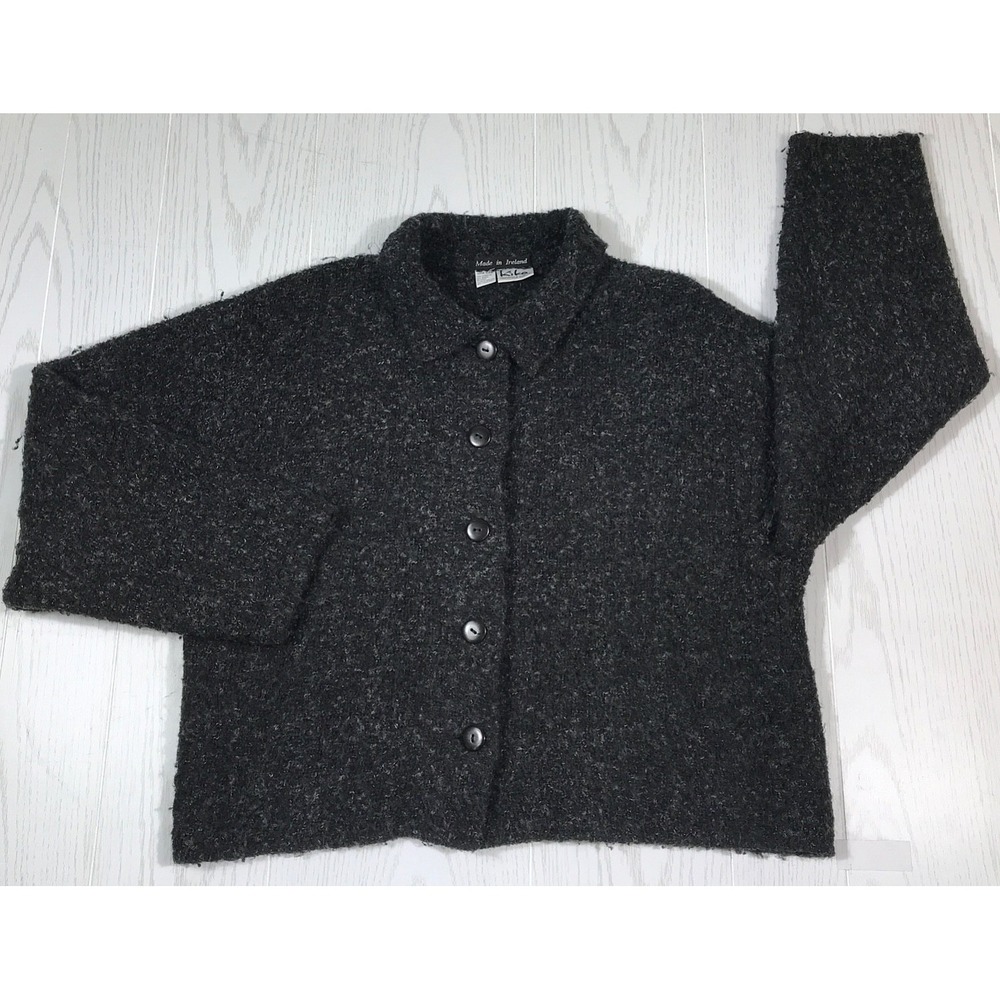 Vintage Irish Wool Blend Cardigan Sweater Women 1 Size/XL Black Button Up Retro
